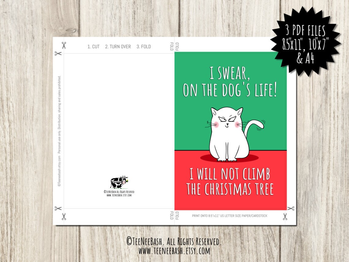 Printable Cat Christmas Card Funny Christmas Card Cat Holiday Card ...