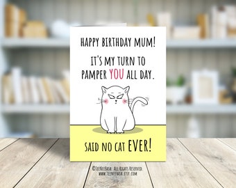 Tarjeta de cumpleaños divertida para mamá de parte de su gato (PDF imprimible)