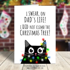 Afdrukbare Funny Dad Christmas Cat Card, afdrukbare pdf-wenskaartsjablonen, gratis afdrukbare envelopsjablonen inbegrepen
