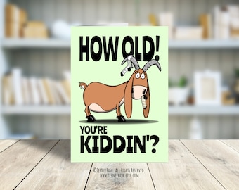Tarjeta de cumpleaños divertida con una cabra: "¡Qué edad tienes!" (PDF)