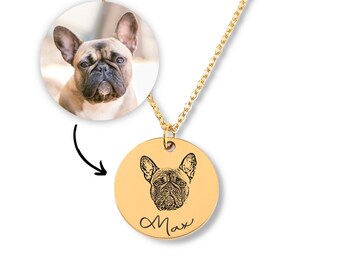 Custom Pet Portrait Name Necklace, Engraved Dog Pet Necklace, Pet Memorial Necklace, Pet Remembrance