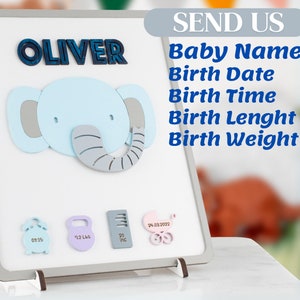 Tableau de statistiques personnalisé pour faire-part de naissance, cadeau de baby shower, souvenir parfait pour les bébés filles et garçons, panneau de nom design éléphant mignon