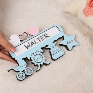 Signe du thème du bébé avec statistiques | Faire-part de naissance personnalisé en bois 3D | Souvenir de naissance de bébé | Cadeau nouveau-né | Cadeau pour les parents