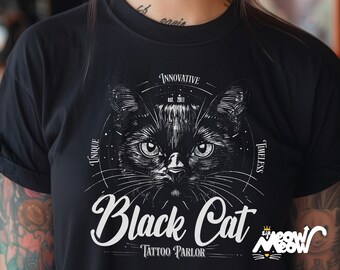 May include: Black and white illustration of a cat's face with the text "Black Cat Tattoo Parlor" and "Innovative est. 2011 Timeless" around the image.