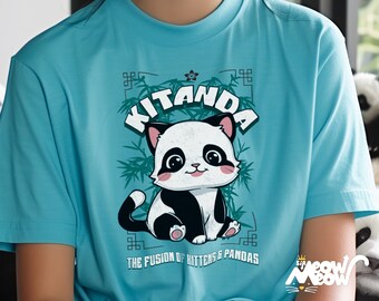 May include: A turquoise blue t-shirt with a cartoon panda wearing a black and white fur coat. The panda is sitting on a green bamboo branch with the text "Kitanda The Fusion of Kittens & Pandas" printed below.