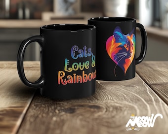 Rainbow Cat Mug, Cats, Love & Rainbows Coffee Cup, Ideal Gift for Cat Lovers