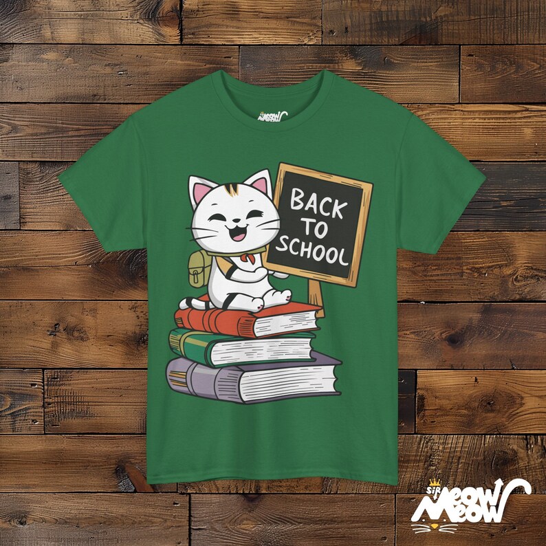 Back to School Cat Tee, Teacher Student Gift Turf Green