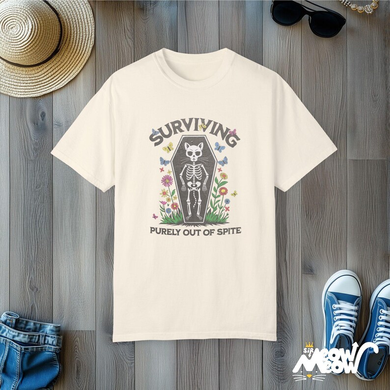 Skeleton Cat T-Shirt: Funny Dark Humor Comfort Colors Tee Ivory
