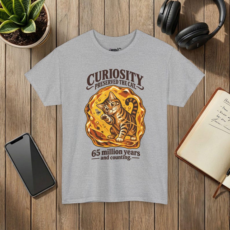 Curiosity Preserved the Cat T-Shirt, Funny Cat in Amber, Science Lover Gift Sport Grey