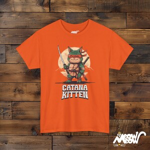 Ninja Cat T-Shirt, Samurai Kitten Graphic, Funny Cat Lover Gift Orange
