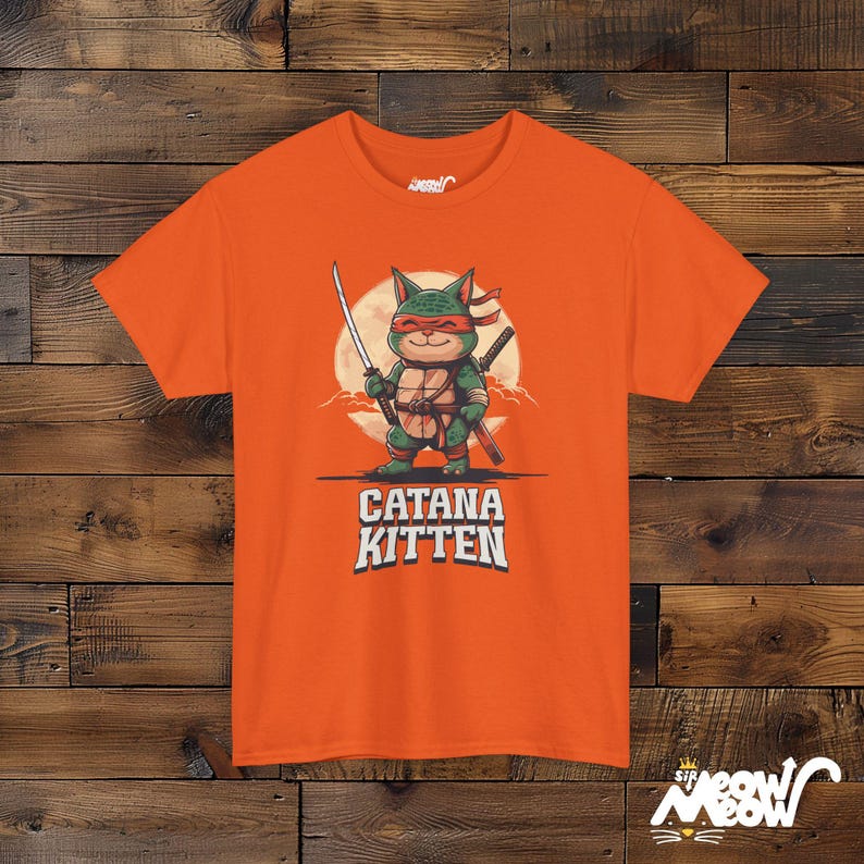 Ninja Cat T-Shirt, Samurai Kitten Graphic, Funny Cat Lover Gift Orange