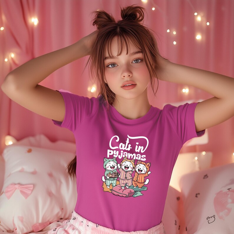 May include: A pink t-shirt with a white graphic of three cats wearing pajamas and the text "Cats in pajamas".
