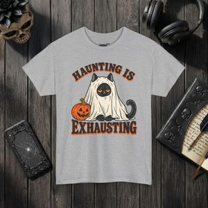 Funny Cat Ghost Shirt, Haunting Is Exhausting Halloween Tee, Retro Spooky Season Gift Sport Grey