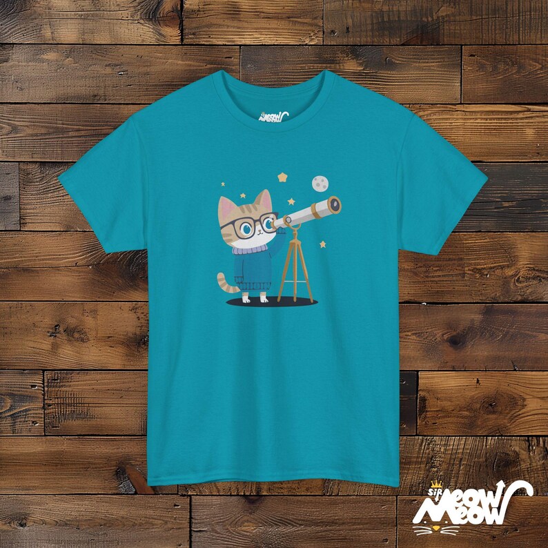Cat Astronomer T-Shirt – Stargazing Kitty, Science Lover Gift Tropical Blue