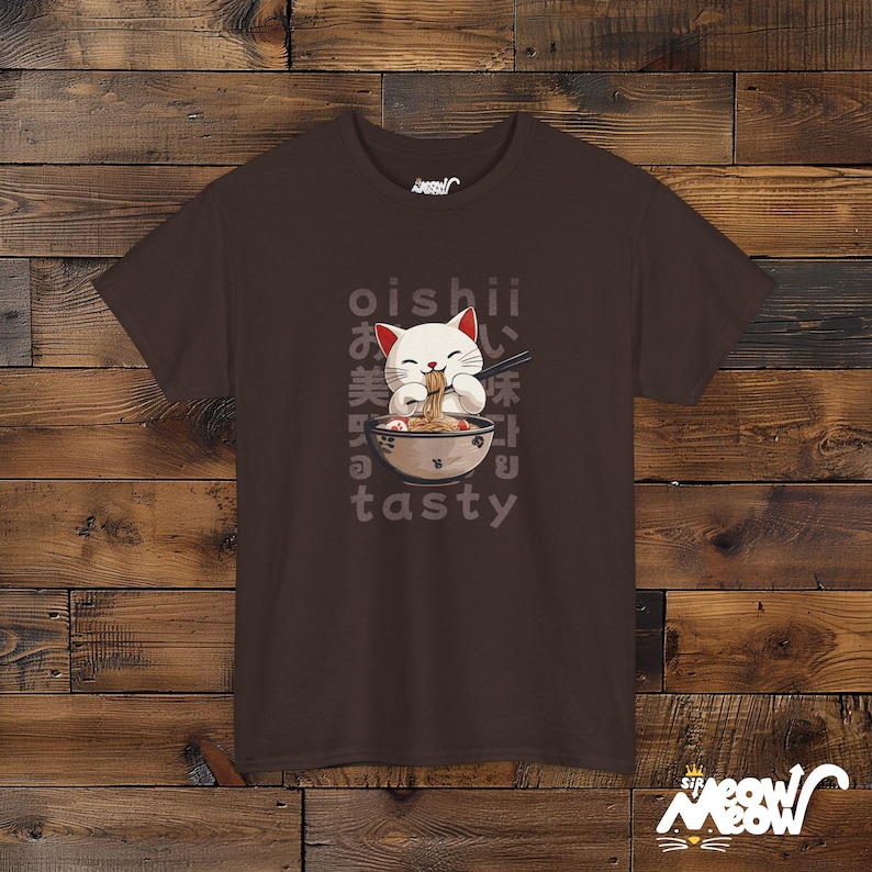 Kawaii Ramen Cat T-Shirt, Japanese Anime Foodie Gift Dark Chocolate