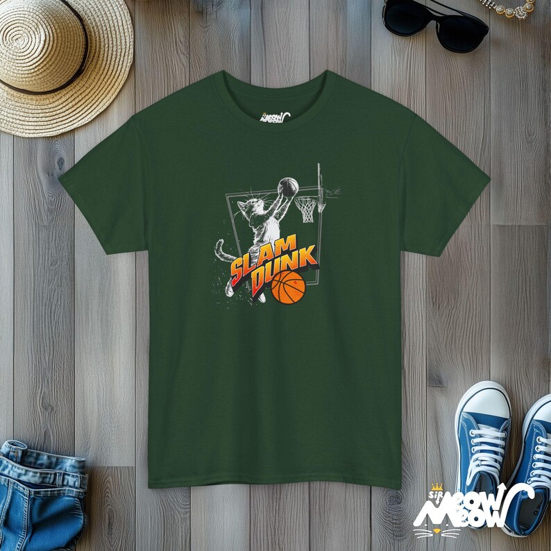 Slam Dunk Cat T-Shirt: Basketball Fan Gift Forest Green