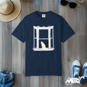 Minimalist Black Cat T-Shirt: Comfort Colors Silhouette Tee True Navy