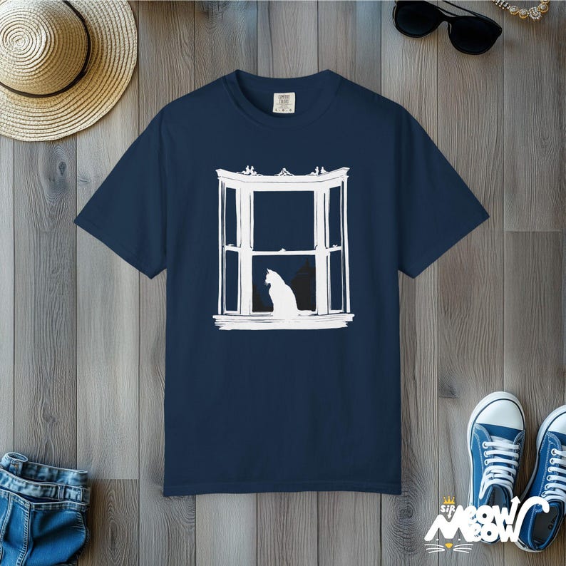 Minimalist Black Cat T-Shirt: Comfort Colors Silhouette Tee True Navy