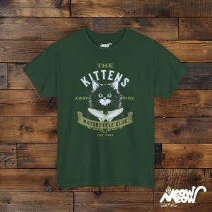 Lustiges Katzen Biker T-Shirt: Vintage Motorrad Club T-Shirt Forest Green