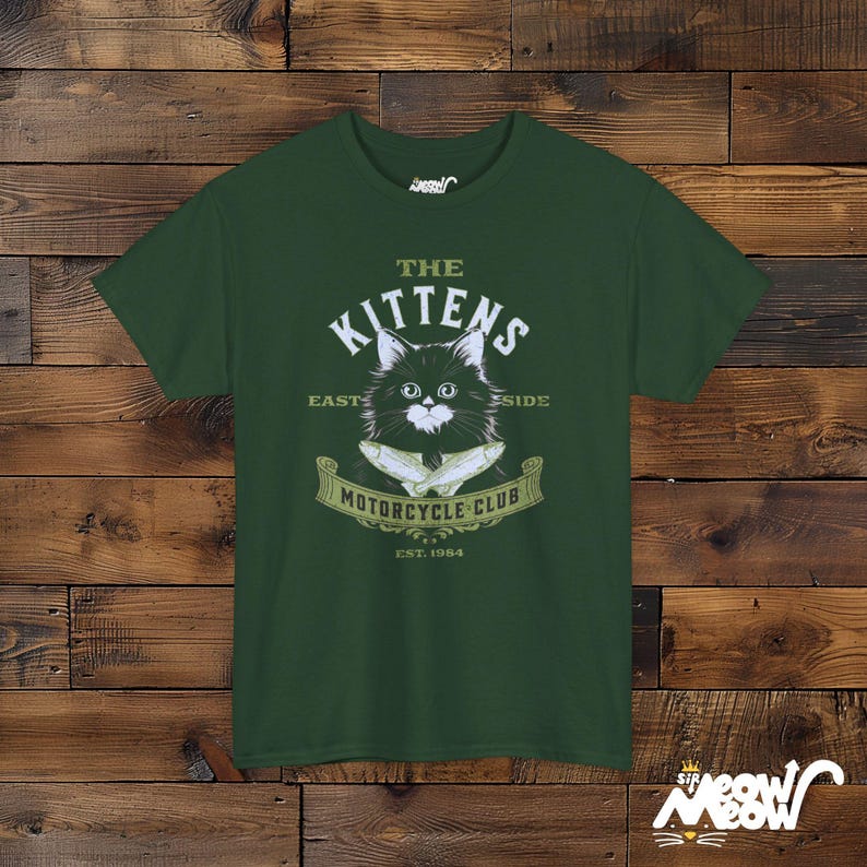 Lustiges Katzen Biker T-Shirt: Vintage Motorrad Club T-Shirt Forest Green