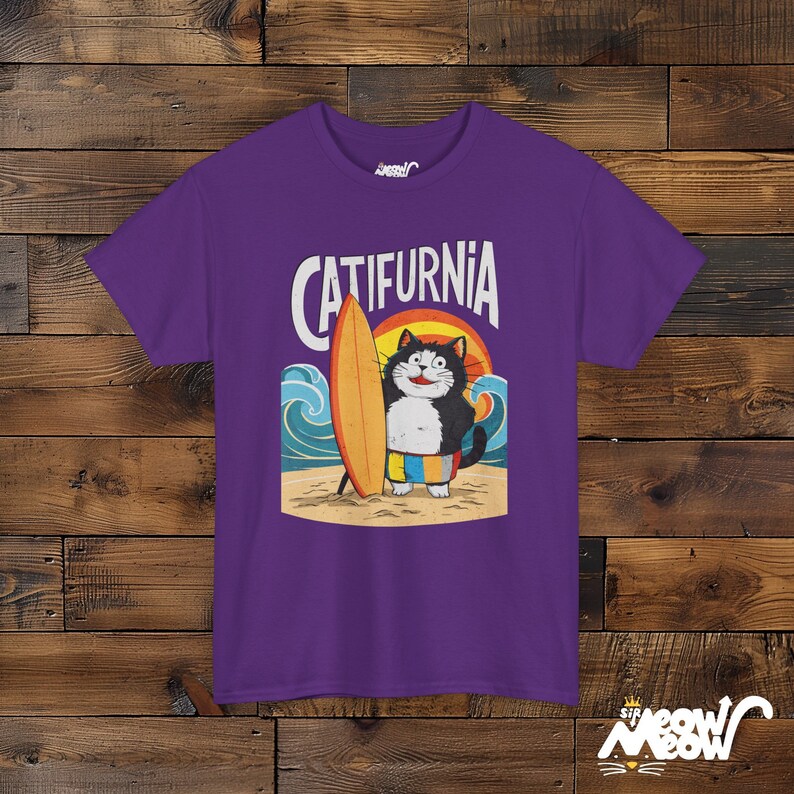 Catifurnia Unisex Shirt: Fun Surfing Cat Design, Beach Lover Gift Purple