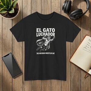 El Gato Luchador Mexican Wrestler Cat Graphic T-Shirt Black Cotton Tee image 8