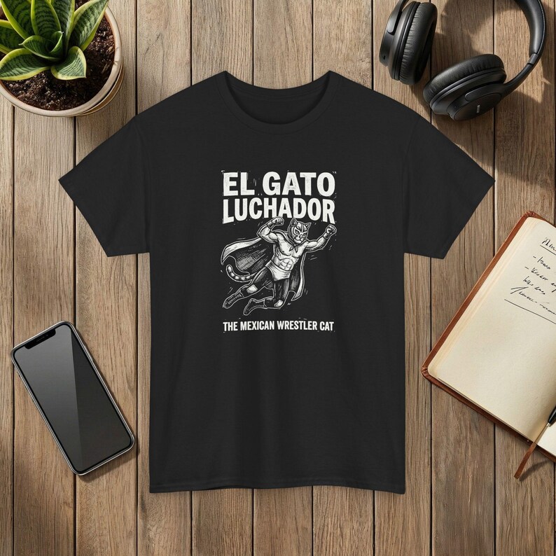 El Gato Luchador Mexican Wrestler Cat Graphic T-Shirt Black Cotton Tee image 8