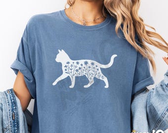 Comfort Colors Botanical Cat T-Shirt, Floral Silhouette Kitty Tee, Nature Cat Lover Gift Shirt