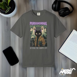 Purranormal Investigator T-Shirt Comfort Colors, Comic-Style Ghost Hunter Cat Tee, Beyond the Ninth Life Pepper