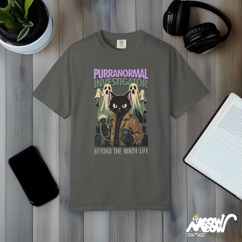 Purranormal Investigator T-Shirt Comfort Colors, Comic-Style Ghost Hunter Cat Tee, Beyond the Ninth Life Pepper