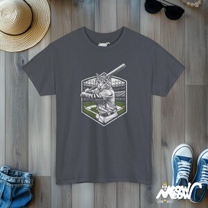Funny Softball Cat Graphic T-Shirt: Quirky Sports Apparel Tweed