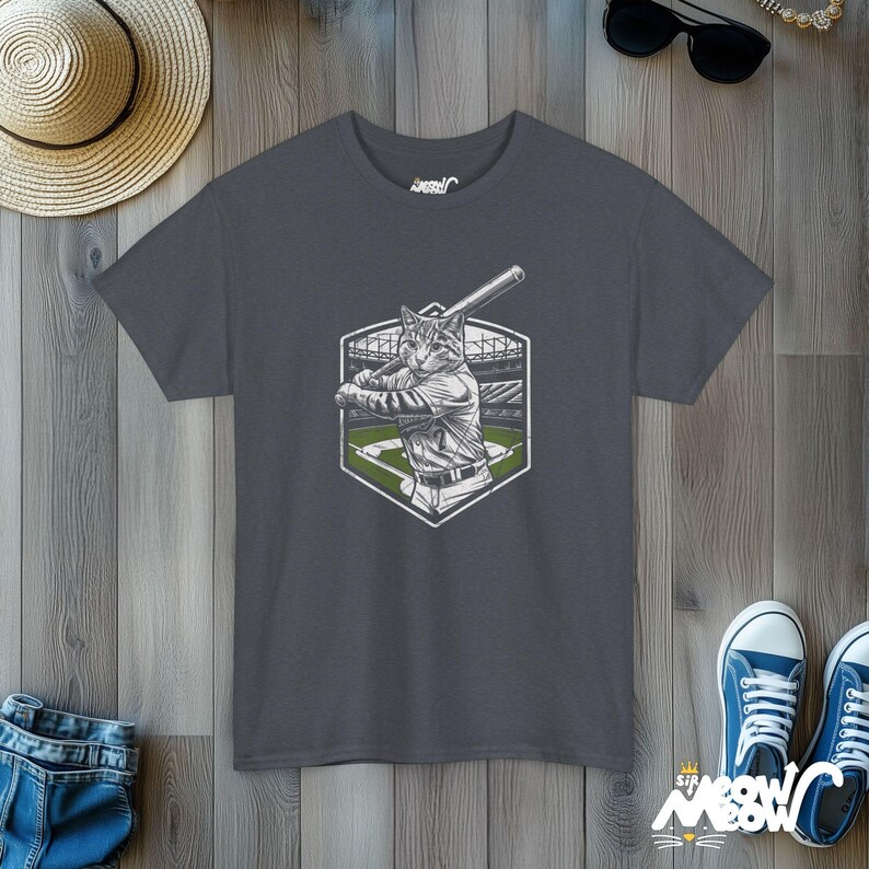 Funny Softball Cat Graphic T-Shirt: Quirky Sports Apparel Tweed