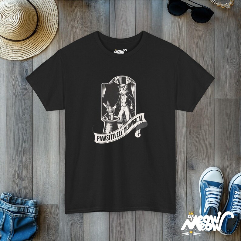 Magical Cat T-Shirt | Pawsitively Meowgical Graphic Tee | Funny Cat Lover Gift Black
