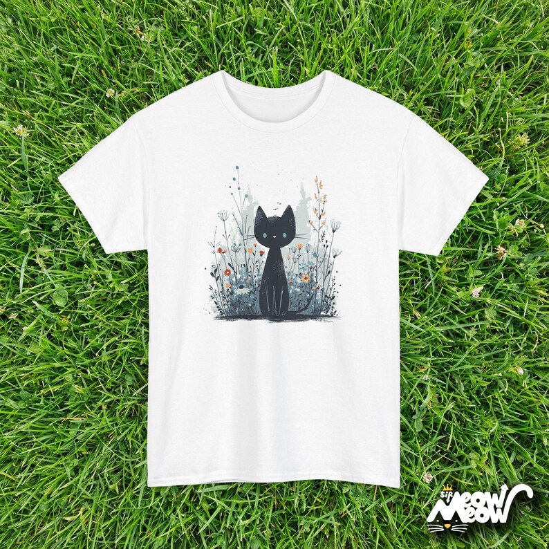 Floral Cat T-Shirt: Wildflower Nature-Inspired Unisex Tee White