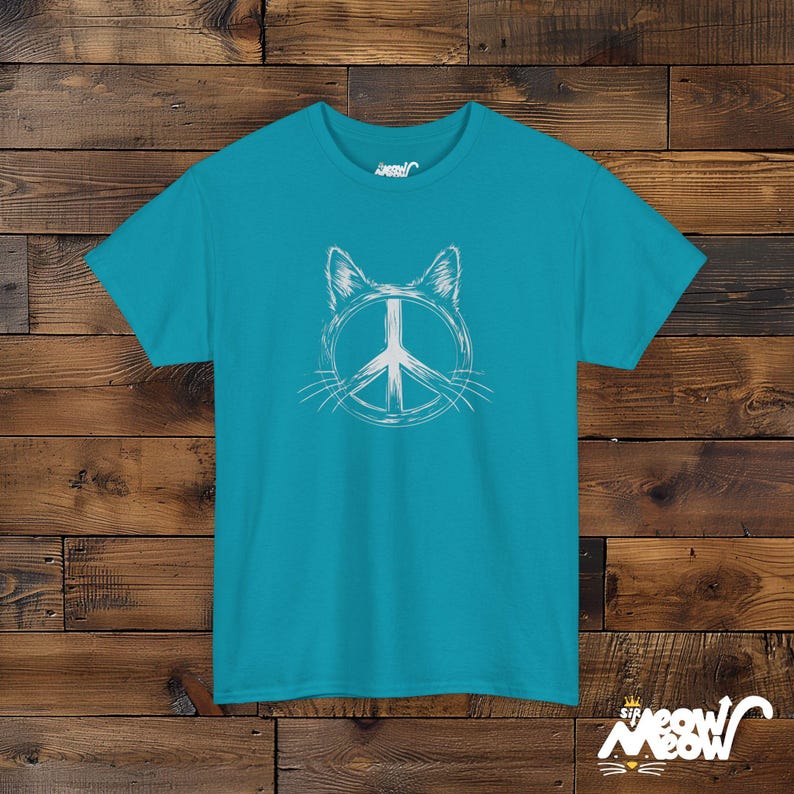 Peace Cat T-Shirt: Minimalist Retro Hippie Unisex Shirt Tropical Blue