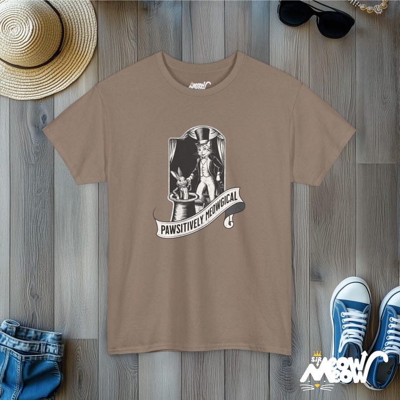 Magical Cat T-Shirt | Pawsitively Meowgical Graphic Tee | Funny Cat Lover Gift Brown Savana