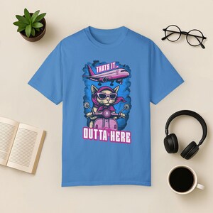 Funny Cat Travel T-Shirt: Jetsetter Cat on Scooter, Comfort Colors Tee Royal Caribe