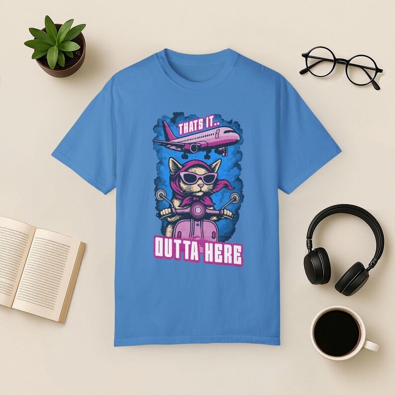 Funny Cat Travel T-Shirt: Jetsetter Cat on Scooter, Comfort Colors Tee Royal Caribe