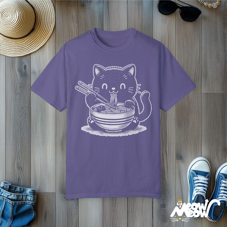 Kawaii Cat Eating Ramen T-Shirt: Comfort Colors Tee, Gift for Cat Lovers Grape