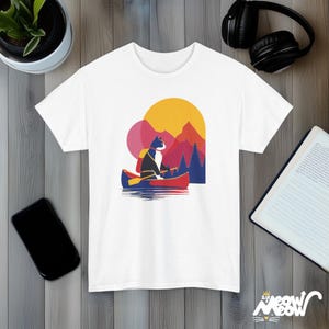 Camiseta de Canoe Cat, puesta de sol en la montaña, aventura al aire libre White