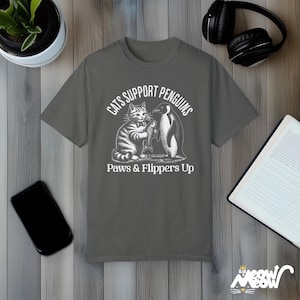 Comfort Colors Cat & Penguin Friendship T-Shirt: Funny Animal Lover Tee Pepper