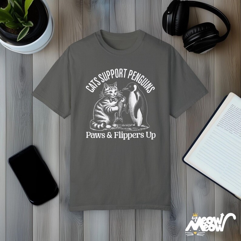 Comfort Colors Cat & Penguin Friendship T-Shirt: Funny Animal Lover Tee Pepper