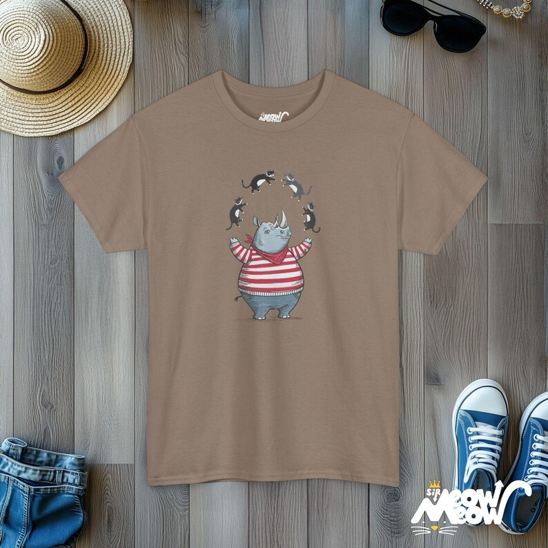 Rhino Juggling Cats T-Shirt | Funny Animal Graphic Tee Brown Savana