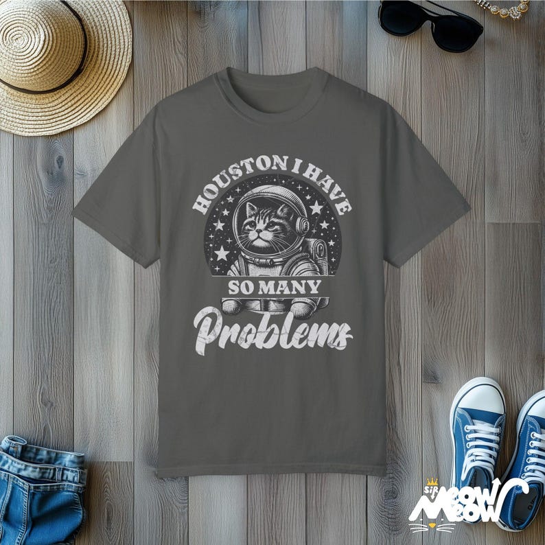 Vintage Cat Astronaut T-shirt: Houston I Have So Many Problems, Comfort Colors Pepper