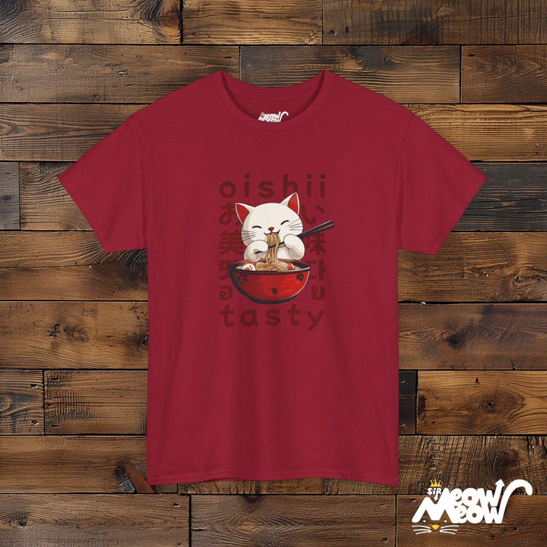Kawaii Ramen Cat T-Shirt, Japanese Anime Foodie Gift Cardinal Red