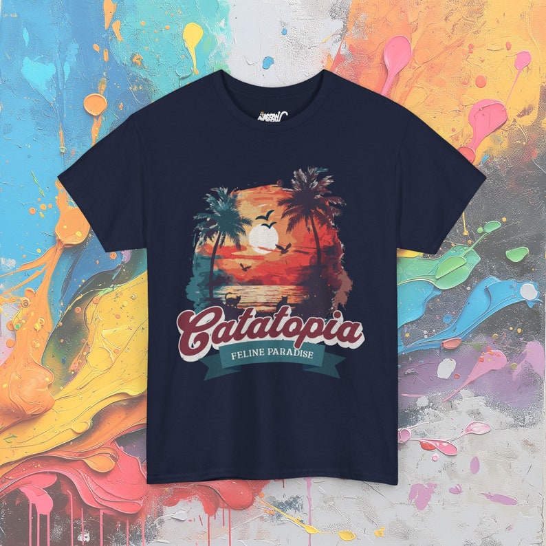Catatopia T-Shirt, Tropical Cat Paradise Tee, Feline Lover Beach Shirt, Casual Vacation Top Navy