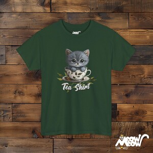 Kitten in Teacup T-Shirt – Funny Cat Lover Graphic Tee Forest Green