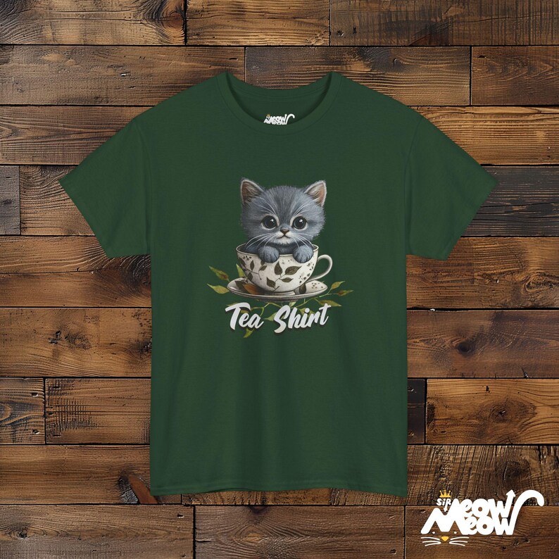 Kitten in Teacup T-Shirt – Funny Cat Lover Graphic Tee Forest Green