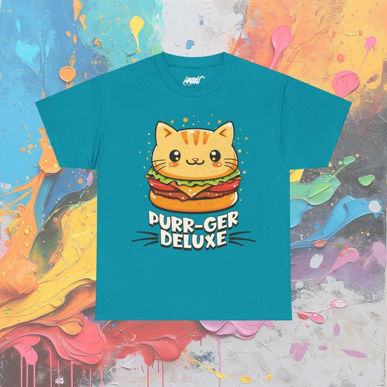 Cat Burger T-Shirt: Purr-ger Deluxe Foodie Tee Tropical Blue