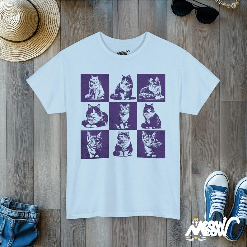 Retro Cat Grid T-Shirt: Vintage Style Graphic Tee Light Blue